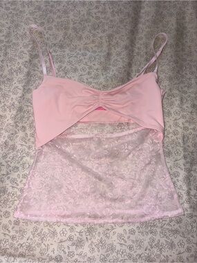 Edikted Women's Pink Lace Cami Tank with Ruched Front